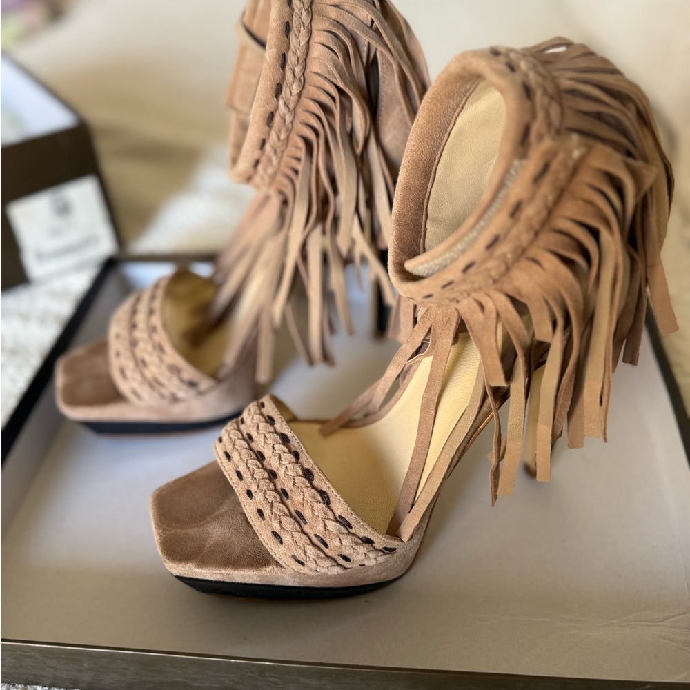 bebe Tan Fringed Heels